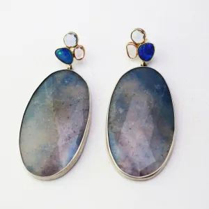 Opals, Sapphire and Pariba Quartz Cluster Drop Earrings