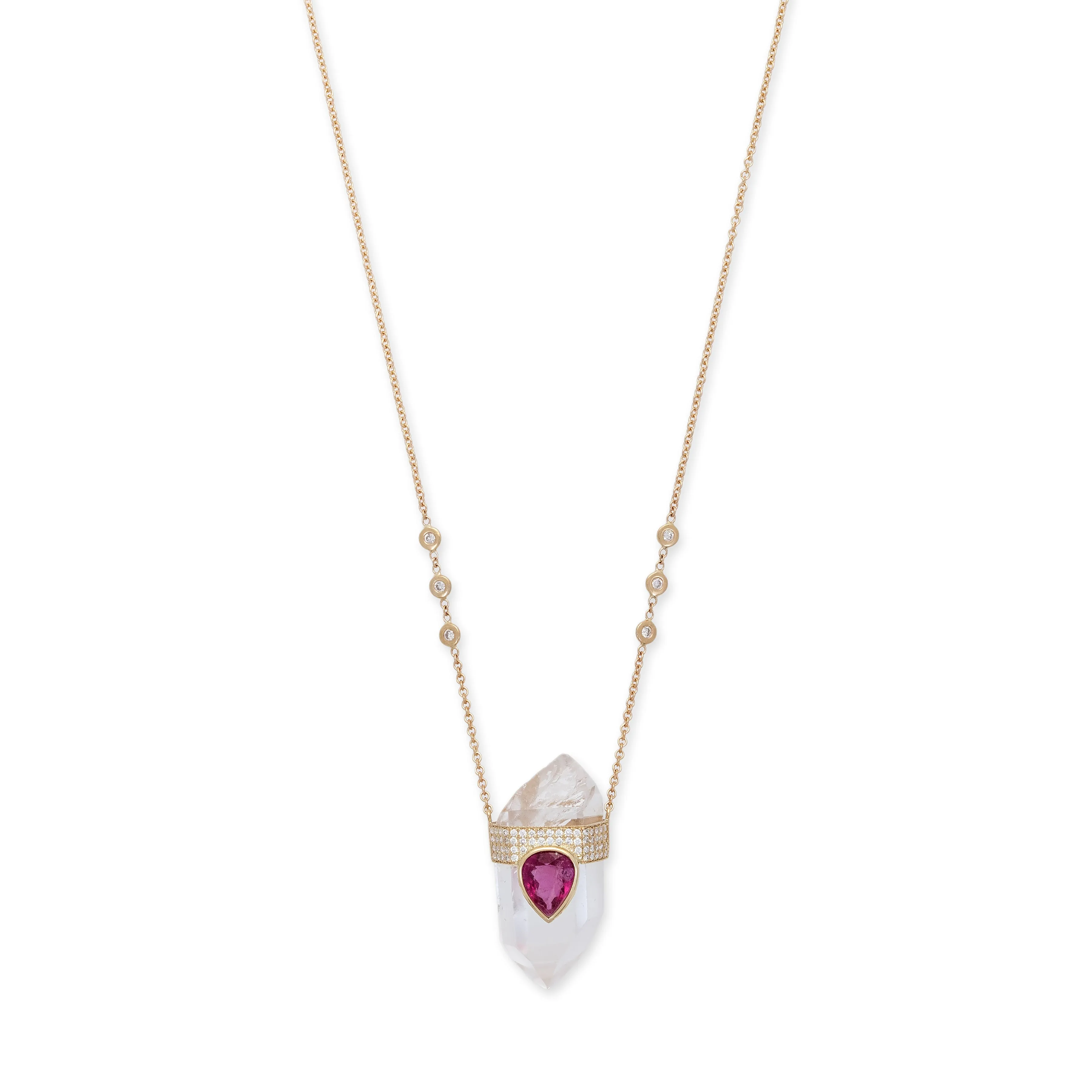 PAVE PINK TOURMALINE TEARDROP CAP   CLEAR QUARTZ CRYSTAL NECKLACE