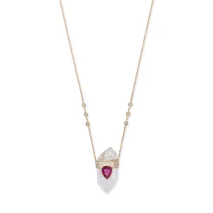 PAVE PINK TOURMALINE TEARDROP CAP   CLEAR QUARTZ CRYSTAL NECKLACE