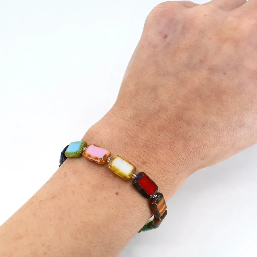 Pride Progress Rainbow Bracelet, Glass Tile Rectangle 1-Strand Bracelet, Trilogy