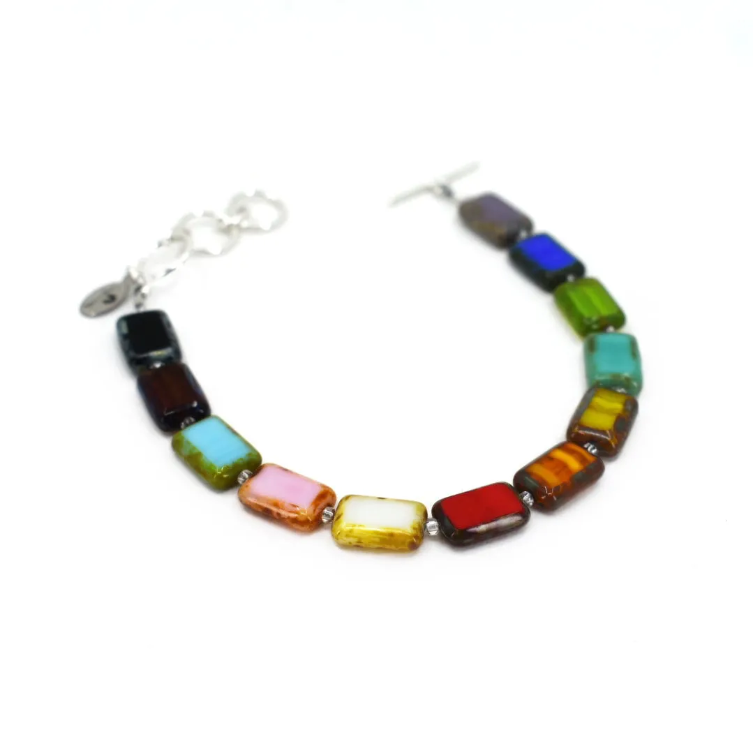 Pride Progress Rainbow Bracelet, Glass Tile Rectangle 1-Strand Bracelet, Trilogy