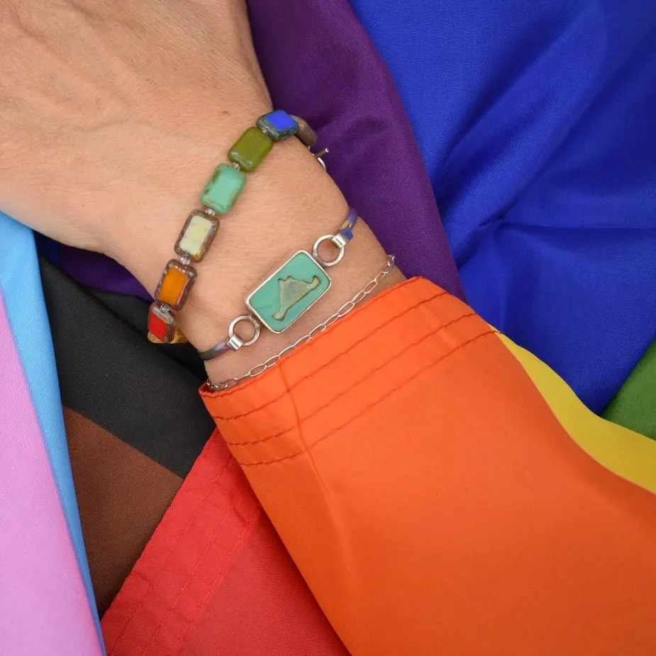 Pride Progress Rainbow Bracelet, Glass Tile Rectangle 1-Strand Bracelet, Trilogy