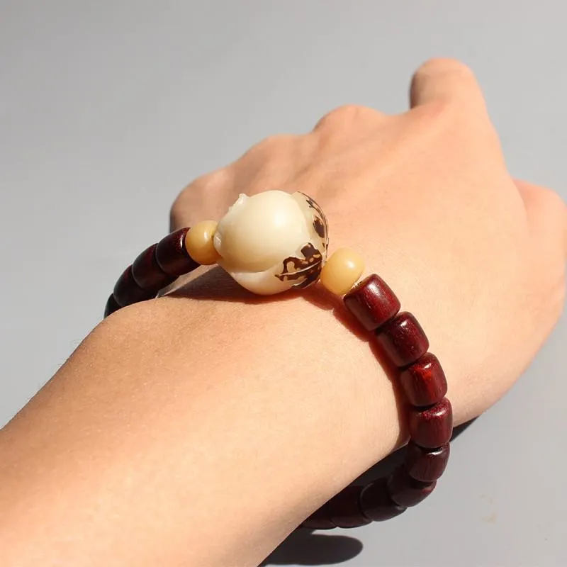 Red Sandalwood & Bodhi Seed Carved Rose Bracelet