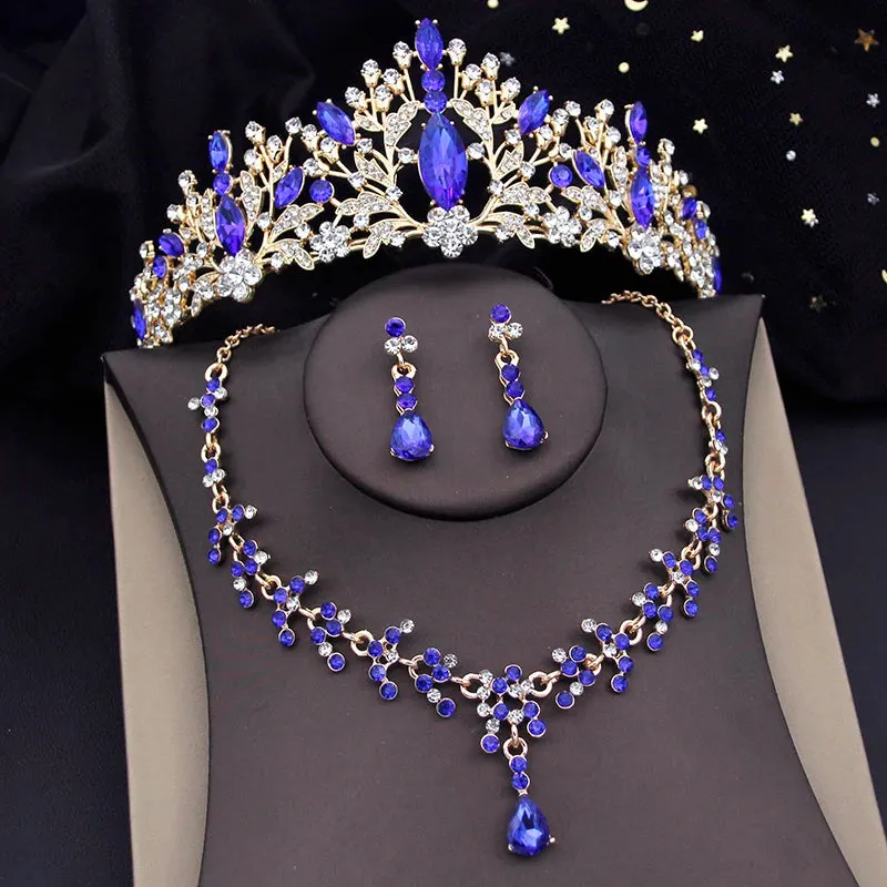 Rhinestone Crystal Tiara Jewelry Sets for Women Necklace Earrings Set With Crown