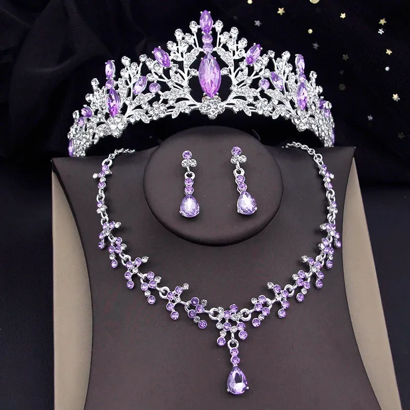 Rhinestone Crystal Tiara Jewelry Sets for Women Necklace Earrings Set With Crown