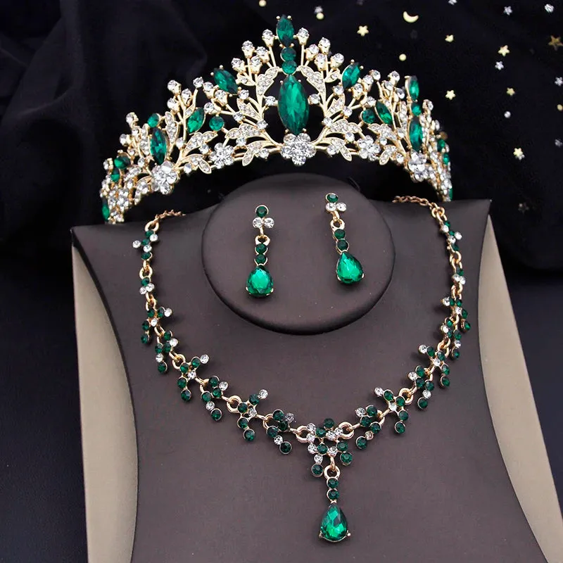 Rhinestone Crystal Tiara Jewelry Sets for Women Necklace Earrings Set With Crown