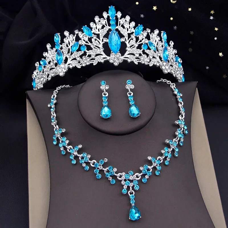 Rhinestone Crystal Tiara Jewelry Sets for Women Necklace Earrings Set With Crown