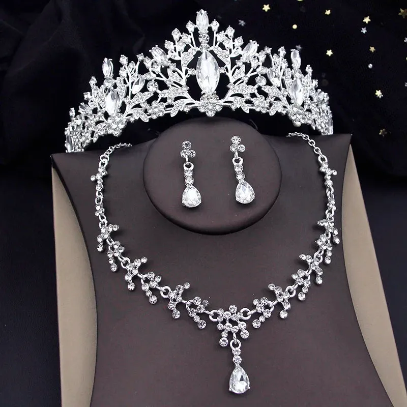 Rhinestone Crystal Tiara Jewelry Sets for Women Necklace Earrings Set With Crown