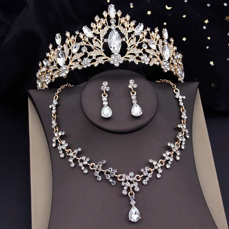 Rhinestone Crystal Tiara Jewelry Sets for Women Necklace Earrings Set With Crown