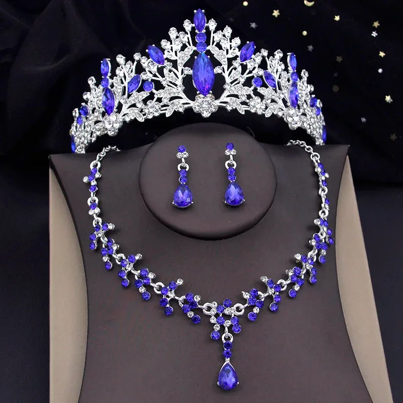 Rhinestone Crystal Tiara Jewelry Sets for Women Necklace Earrings Set With Crown