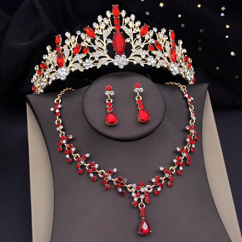 Rhinestone Crystal Tiara Jewelry Sets for Women Necklace Earrings Set With Crown