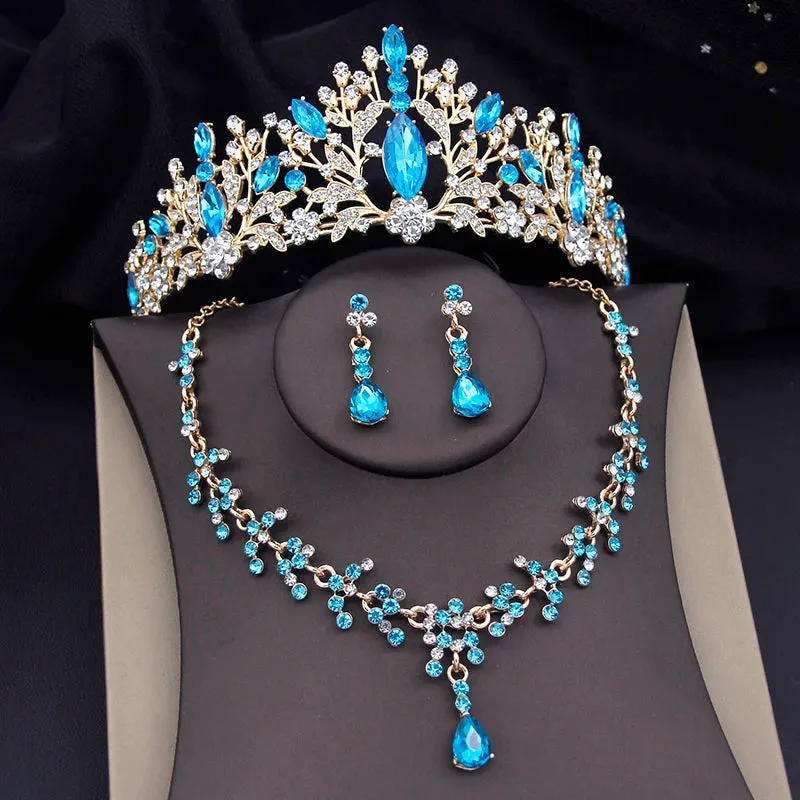Rhinestone Crystal Tiara Jewelry Sets for Women Necklace Earrings Set With Crown