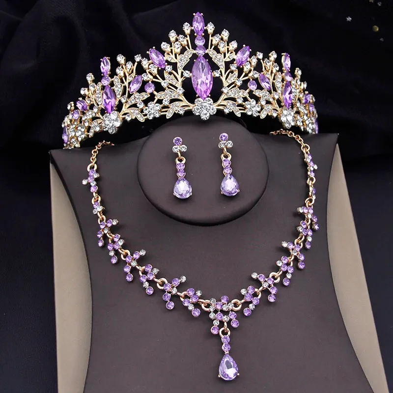 Rhinestone Crystal Tiara Jewelry Sets for Women Necklace Earrings Set With Crown