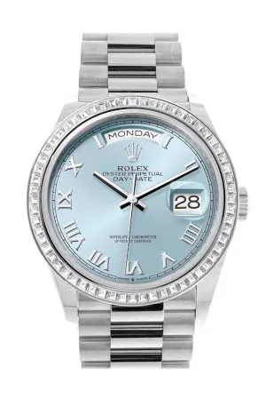 Rolex Day-Date 36 Ice Blue Roman Dial Diamond Bezel Platinum President Watch 128396TBR