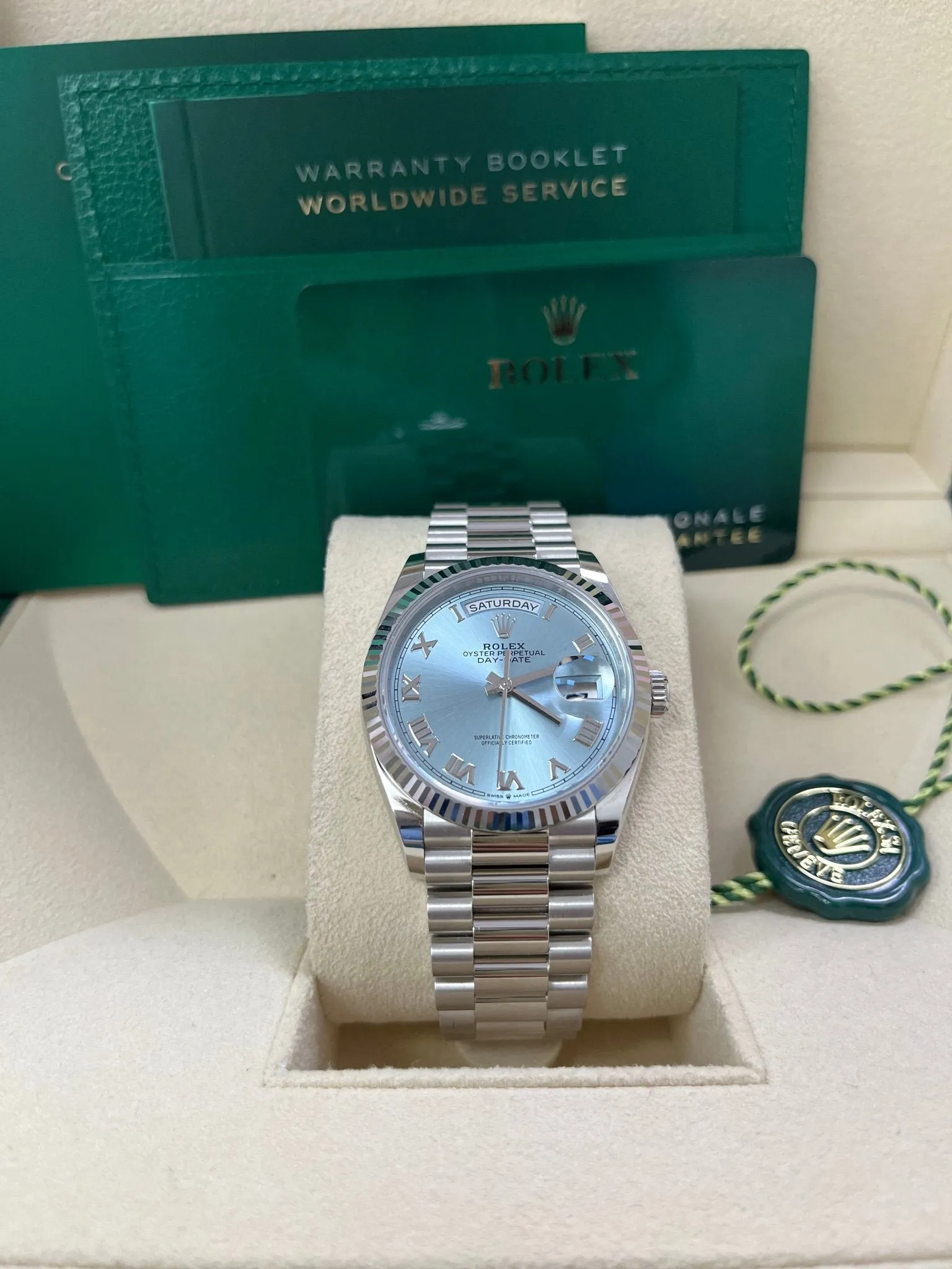 Rolex Day-Date 36 Platinum Ice Blue Roman Dial President Bracelet 128236