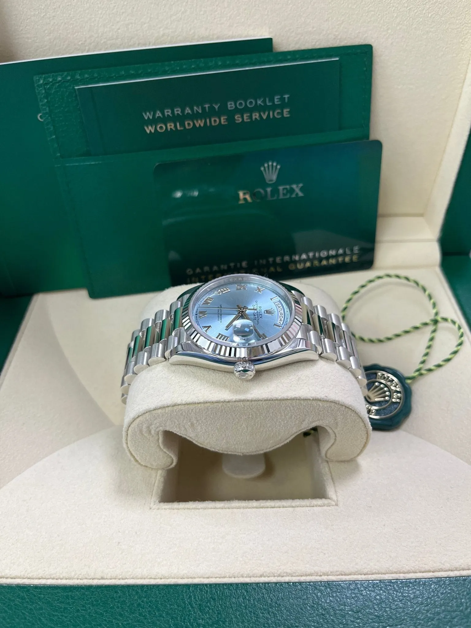 Rolex Day-Date 36 Platinum Ice Blue Roman Dial President Bracelet 128236