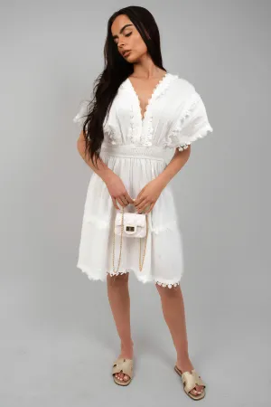 Short Sleeve Deep V-Neck Mini Dress with Open Back and Lace Trim Short Sleeve Deep V-Neck Mini Dress with Open Back and Lace Trim