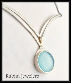 Silver Gold Chalcedony and Diamond Double V Necklace