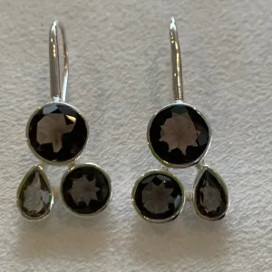 Smoky quartz stones and silver plated earring with three stones