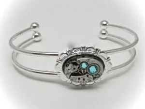 Steampunk Bracelet - In the Works - Steampunk watch parts cuff - Aquamarine bracelet - Repurposed - Steampunk jewelry - March Birthday