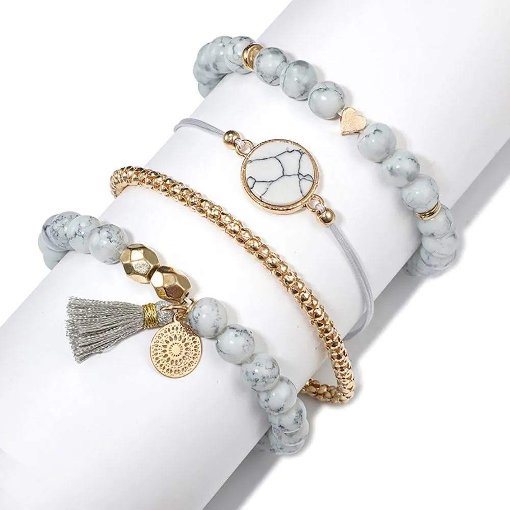 White Marbled Beaded Bracelet Set | Heart Beaded Bracelet