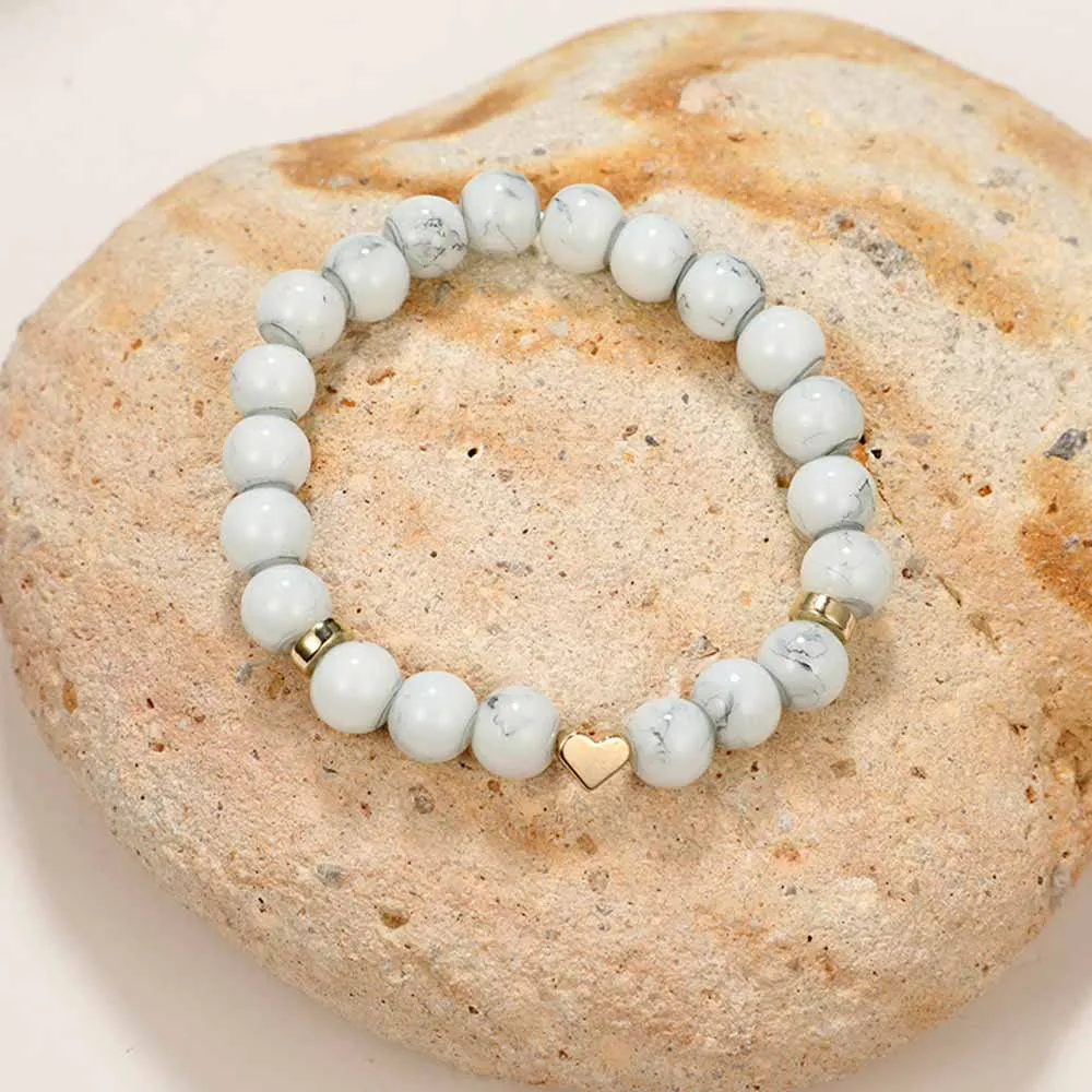 White Marbled Beaded Bracelet Set | Heart Beaded Bracelet