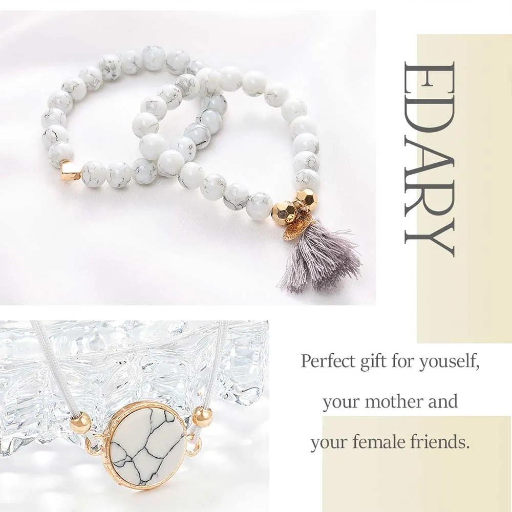 White Marbled Beaded Bracelet Set | Heart Beaded Bracelet
