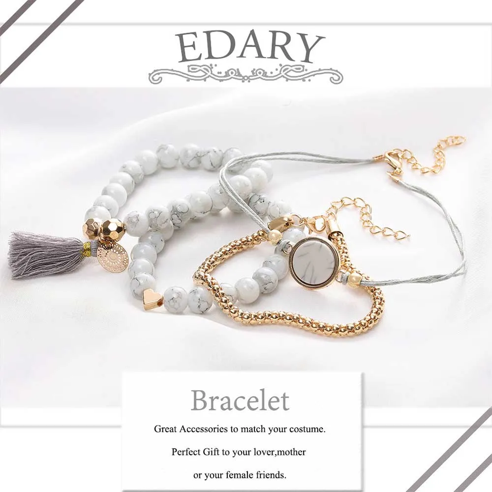 White Marbled Beaded Bracelet Set | Heart Beaded Bracelet