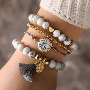 White Marbled Beaded Bracelet Set | Heart Beaded Bracelet White Marbled Beaded Bracelet Set | Heart Beaded Bracelet