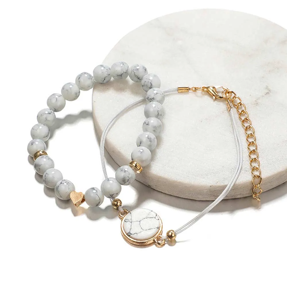 White Marbled Beaded Bracelet Set | Heart Beaded Bracelet