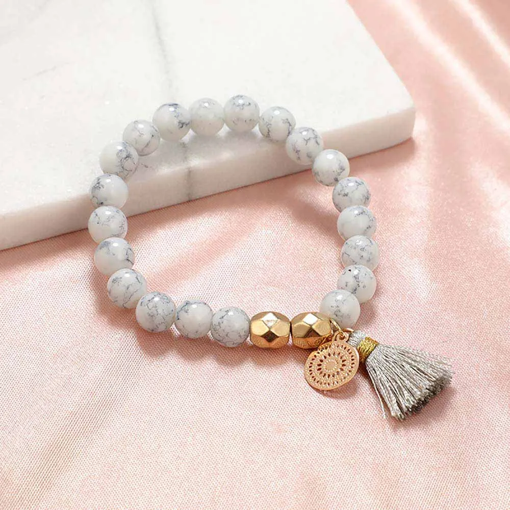 White Marbled Beaded Bracelet Set | Heart Beaded Bracelet