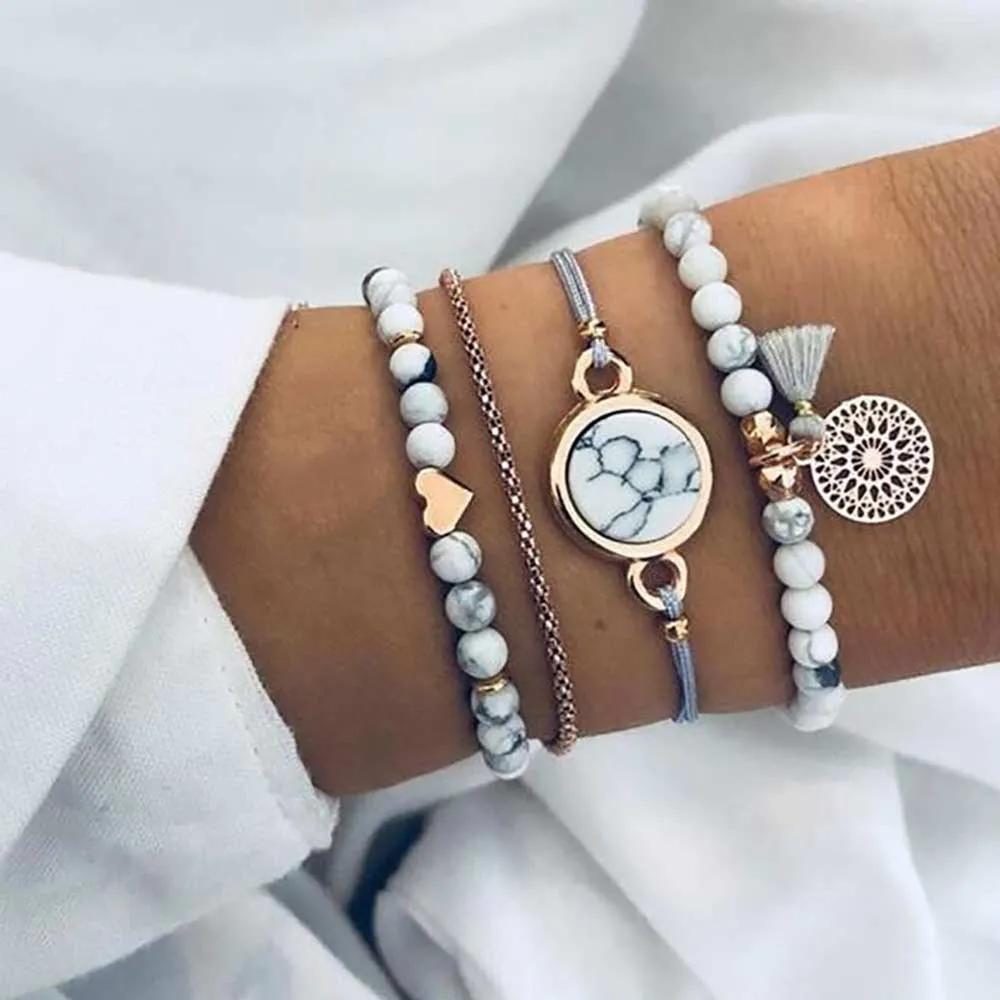 White Marbled Beaded Bracelet Set | Heart Beaded Bracelet