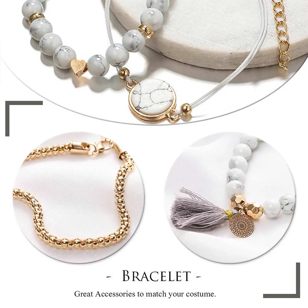 White Marbled Beaded Bracelet Set | Heart Beaded Bracelet