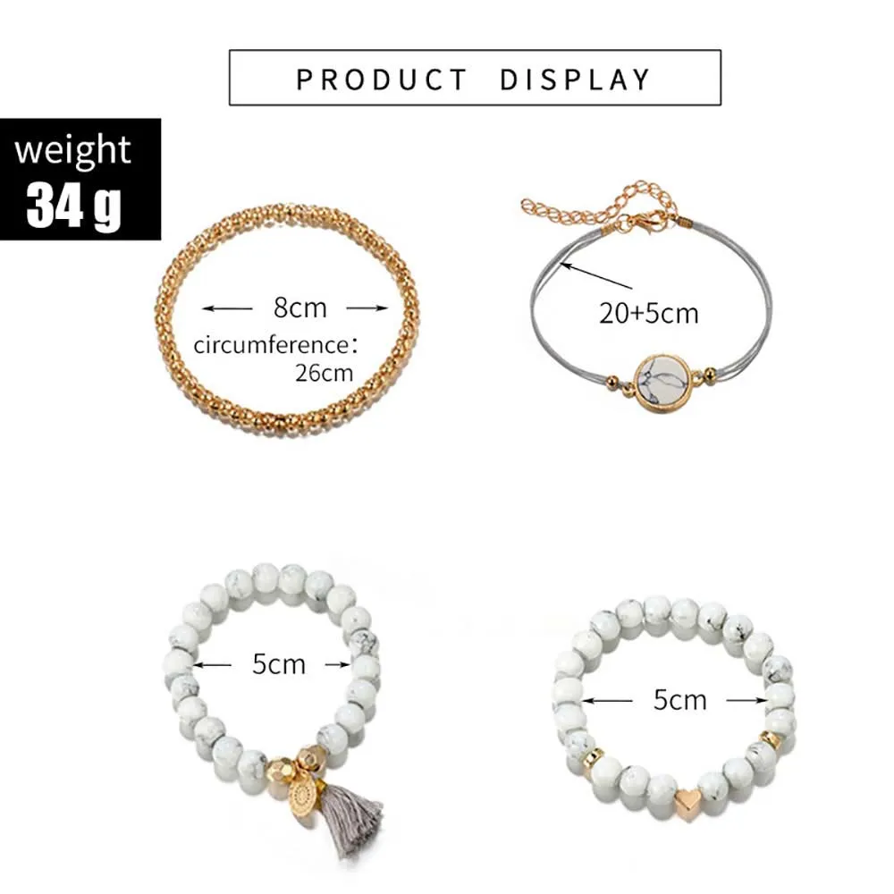 White Marbled Beaded Bracelet Set | Heart Beaded Bracelet