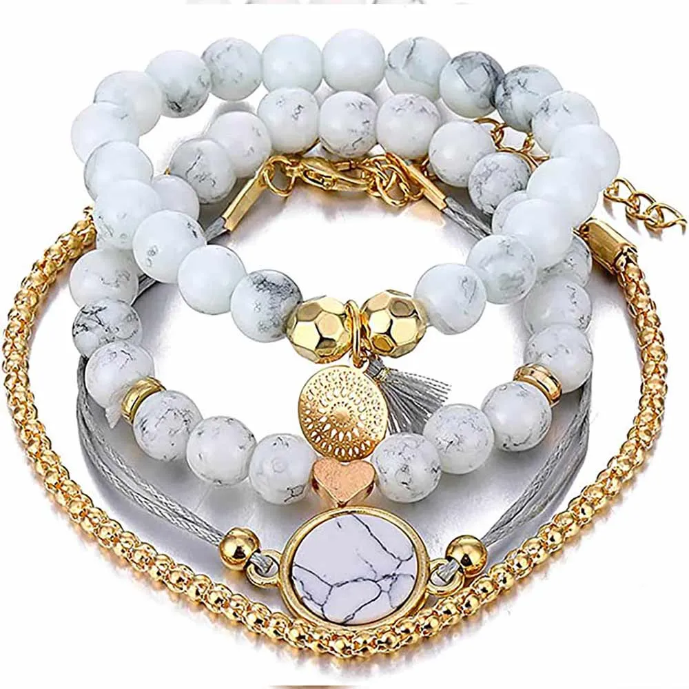 White Marbled Beaded Bracelet Set | Heart Beaded Bracelet