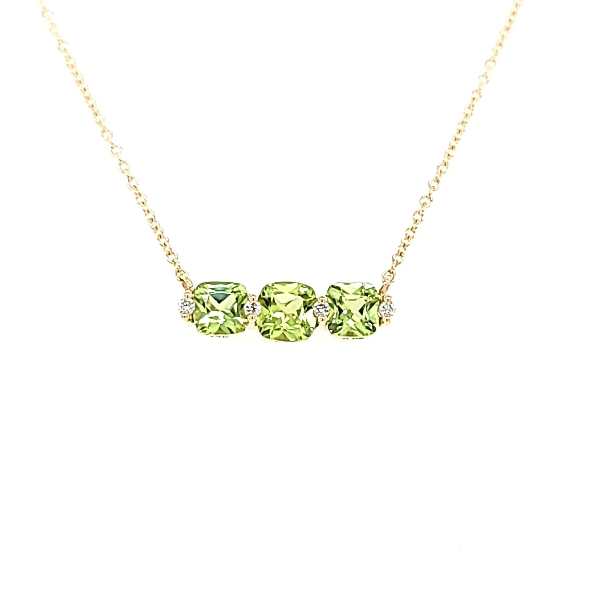 Yellow Gold 3-Stone Peridot & Diamond Necklace (I7630)