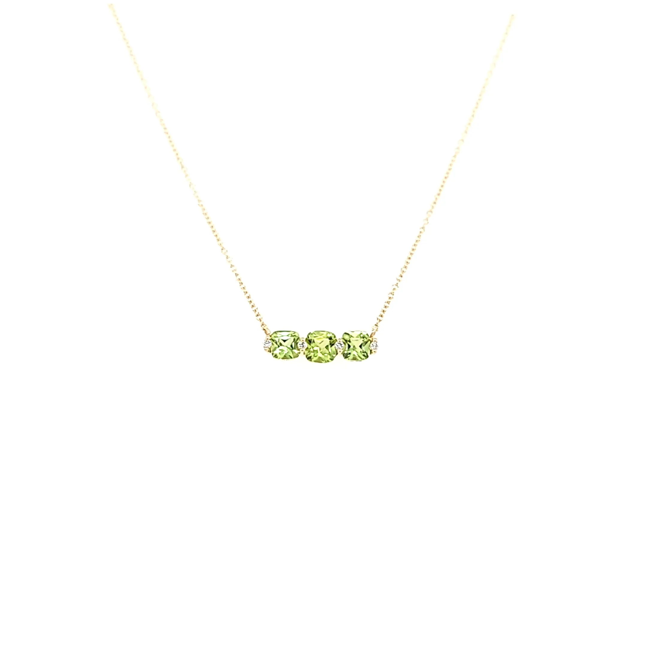 Yellow Gold 3-Stone Peridot & Diamond Necklace (I7630)